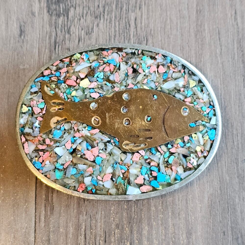 Vintage Alpaca Silver Fish Belt Buckle with Crushed Stone Inlay